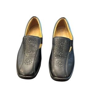 Hotter Slip On Shoes Calypso Size 6.5 Black Leather Comfort Floral NEW Stretch